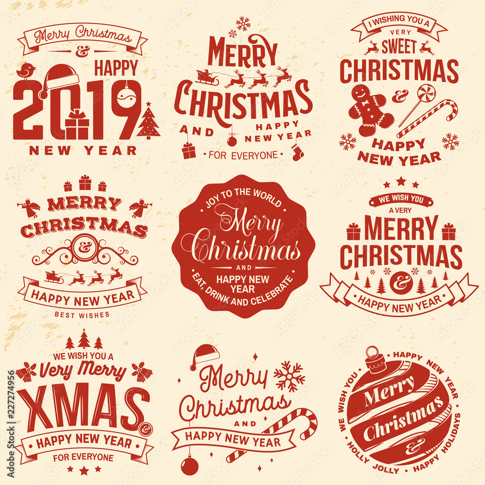 Φωτογραφία Set of Merry Christmas and Happy New Year stamp, sticker set with snowflakes, hanging christmas ball, santa hat, candy