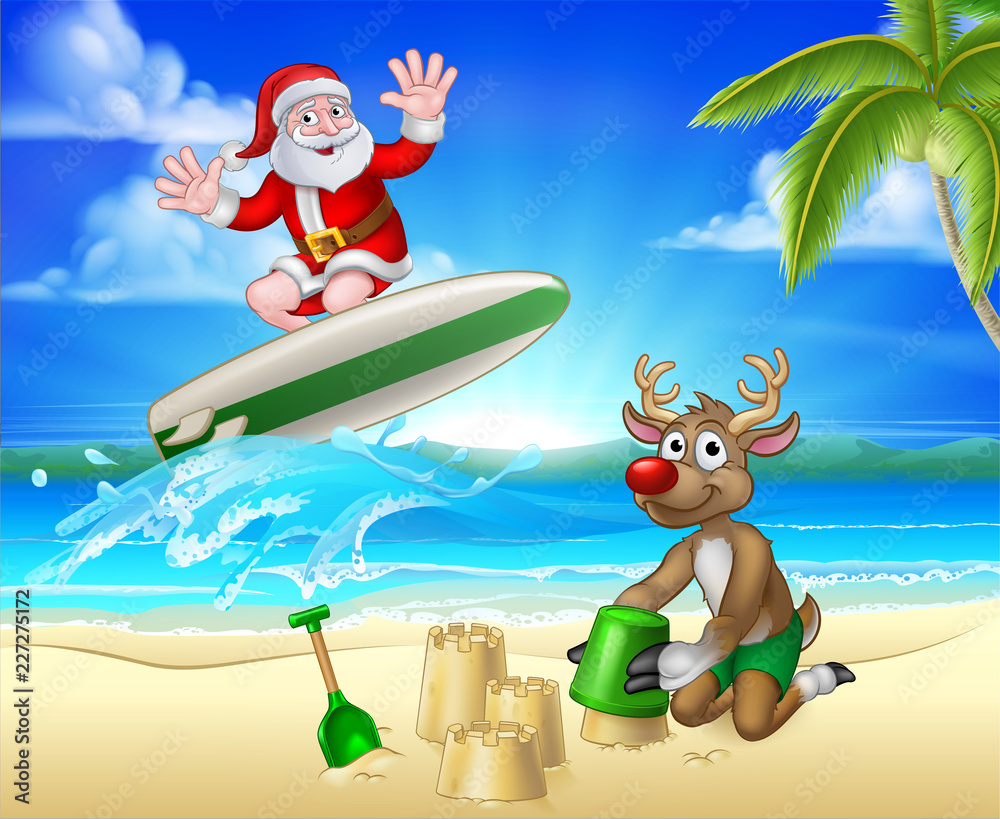Φωτογραφία Santa Claus surfing on his surfboard with his reindeer on a tropical beach with palm trees and parrot Christmas cartoon sign background