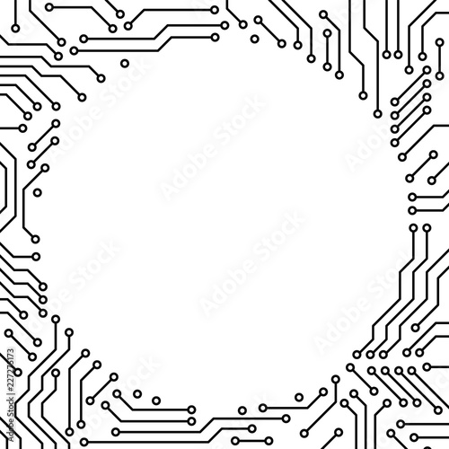Printed circuit board black and white computer technology circle frame template, vector