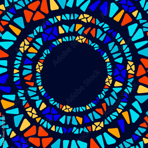 Colorful stained glass triangle shape mosaic geometric circle frame, vector