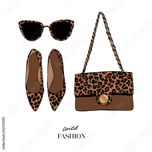 Set of fashion women's accessories: Shoes. bag and sunglasses with fashionable leopard print. Female fashion accessories. Concept design woman trendy accessories. Wild Fashion. Vector Illustration
