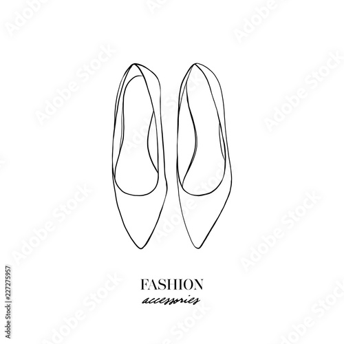 Vector illustration of hand drawn graphic woman's Footwear, shoes. Casual moccasins or ballet shoes. Doodle outline drawing Design isolated object. Logo concept design of women's accessories