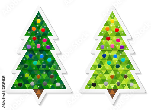Set of abstract coniferous trees stickers consisting of triangles and decorated with colorful baubles. Two shades of green. Vector EPS 10
