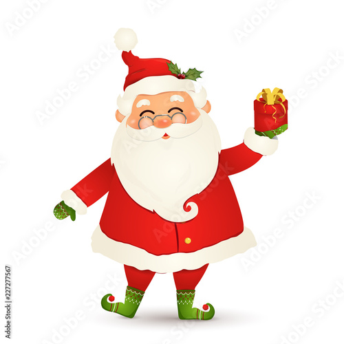 Cute Santa Claus giving christmas present. Happy Santa Claus holding red gift box isolated on white background. Santa clause for winter and new year holidays. Happy Santa Claus cartoon character.