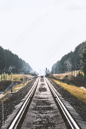 Railway traffic light on empty long railroad in perspective. Mystic phenomenon on horizon on rail in forest. Mirage on railway track. Atmospheric landscape.