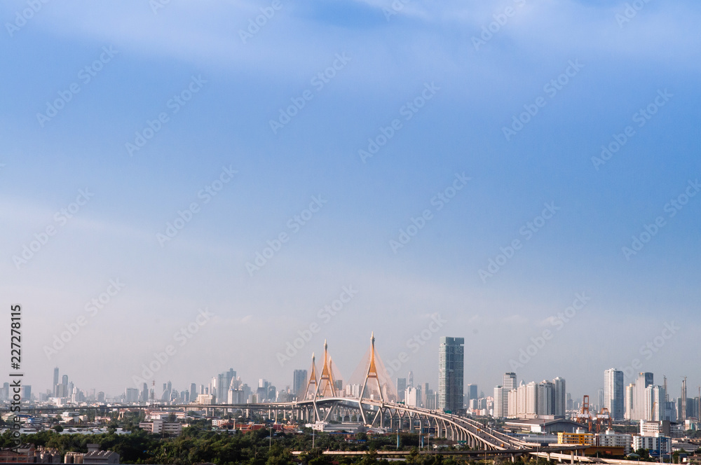 Bangkok skyline cityscape and King Bhumibol bridge or Industrial ring road bridge. Bangkok skyline cityscape and King Bhumibol bridge or Industrial ring road bridge.