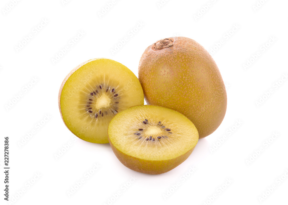 whole and half cut golden kiwi on white background whole and half cut golden kiwi on white background