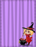 Halloween template with witch girl, bat and cauldron framed with spiderweb on striped violet background.