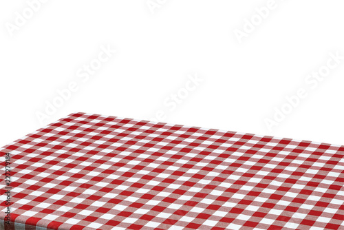 Empty table edge or corner with checkered tablecloth on white background including clipping path