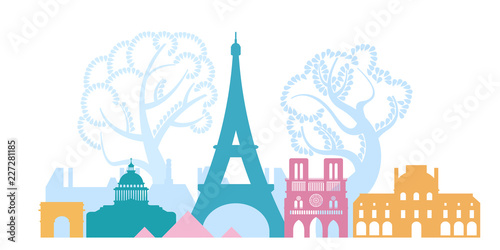 France, the city of Paris. The architecture of the city. Eiffel Tower, Notre Dame de Paris cathedral, Louvre, triumphal arch, pantheon. Historic architecture day.