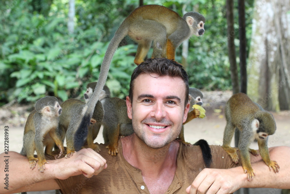 Fototapeta premium Handsome man with titi monkey's group 