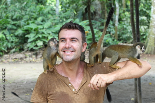 Having fun with a group of monkeys