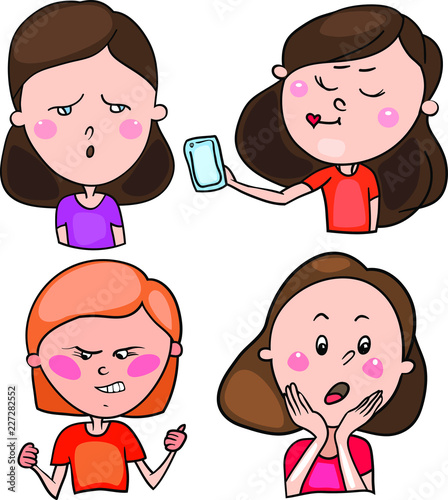 The set includes color drawings in the vector, images of children, teenagers, schoolchildren, in a cartoon style, in different images and with different moods and emotions