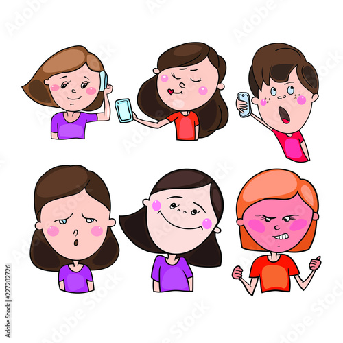 The set includes color drawings in the vector, images of children, teenagers, schoolchildren, in a cartoon style, in different images and with different moods and emotions