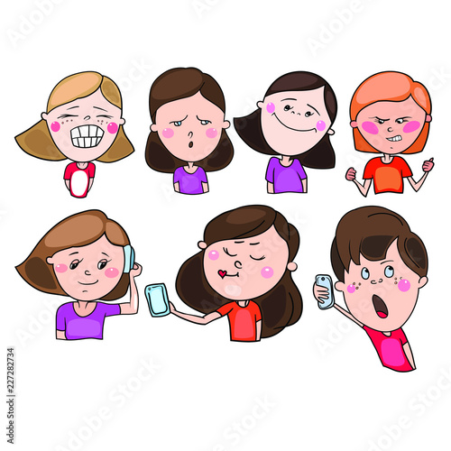 The set includes color drawings in the vector, images of children, teenagers, schoolchildren, in a cartoon style, in different images and with different moods and emotions
