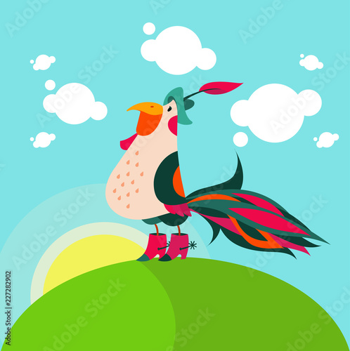 Colorful cartoon illustration of a rooster in hat and boots, countryside background. Cock meets sunrise on a farm.