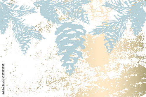Trendy Chic Pastel colored background with Gold Foil shapes and painted christmas tree silhouettes. Abstract unusual textures for wallpaper, greeting cards, headers, decoration elements. Vector