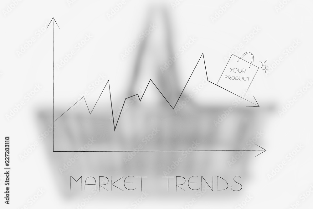 stats graph with sales going down and shopping bag on top of the arrow