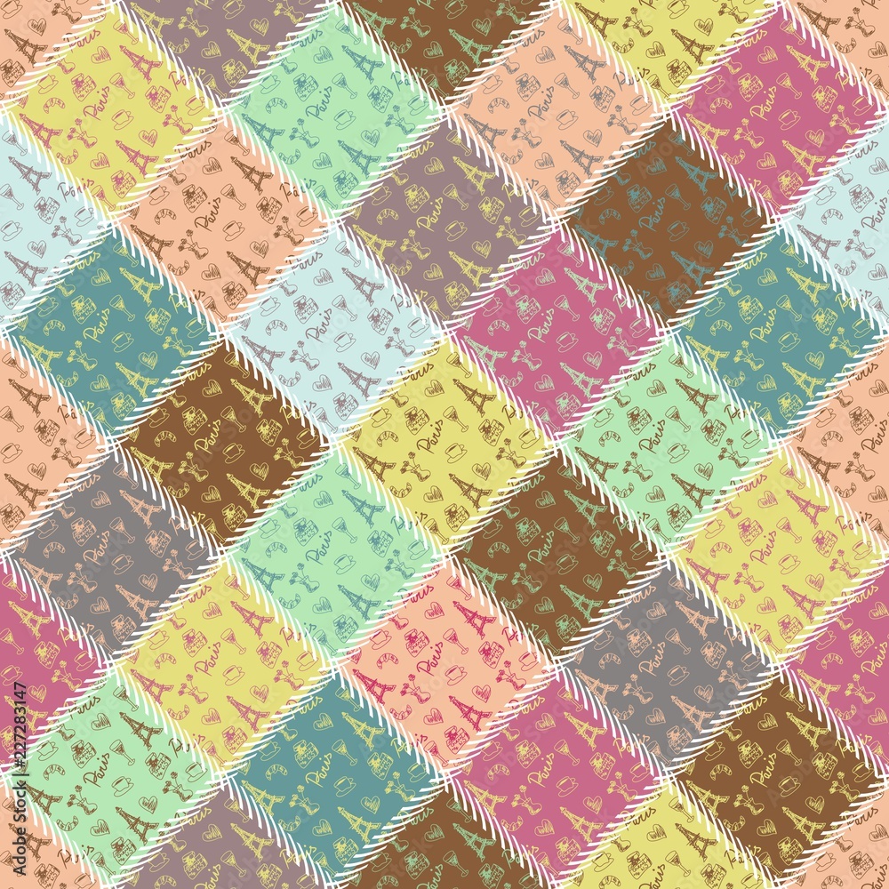 patchwork pattern with france objects memories