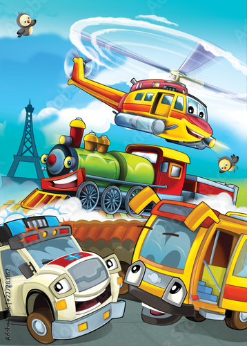cartoon scene with different vehicles - ambulance school bus locomotive and helicopter - illustration for children