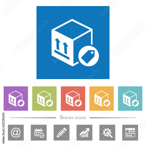 Package labeling flat white icons in square backgrounds