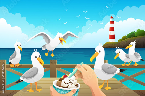 Tela Seascape with greedy seagulls watching a person eat an ice cream on the wooden pier
