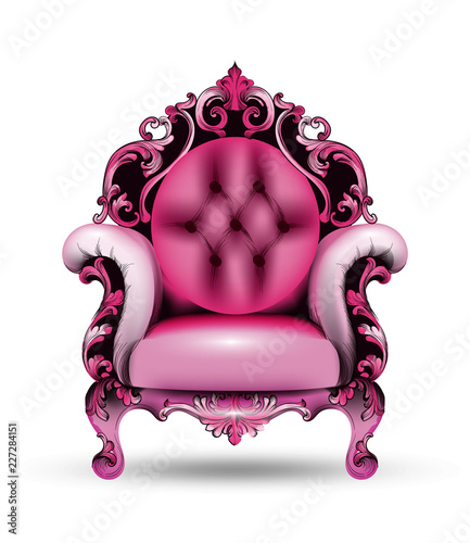 Baroque pink armchair Vector 3d illustration. French Luxury rich intricate structure. Victorian Royal Style decor with luxurious ornaments