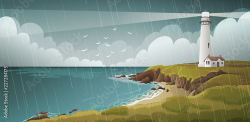 Seaside landscape with white lighthouse under stormy sky and rain.Vector illustration.
