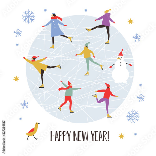 Vector drawing of people skating, Merry Christmas or Happy New Year's card design