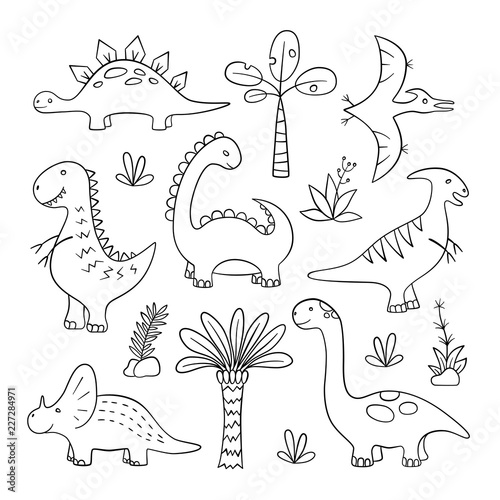 Dinosaurs and prehistoric plants. Set of vector illustration in doodle and cartoon style. Hand drawn. Linear. Black and white