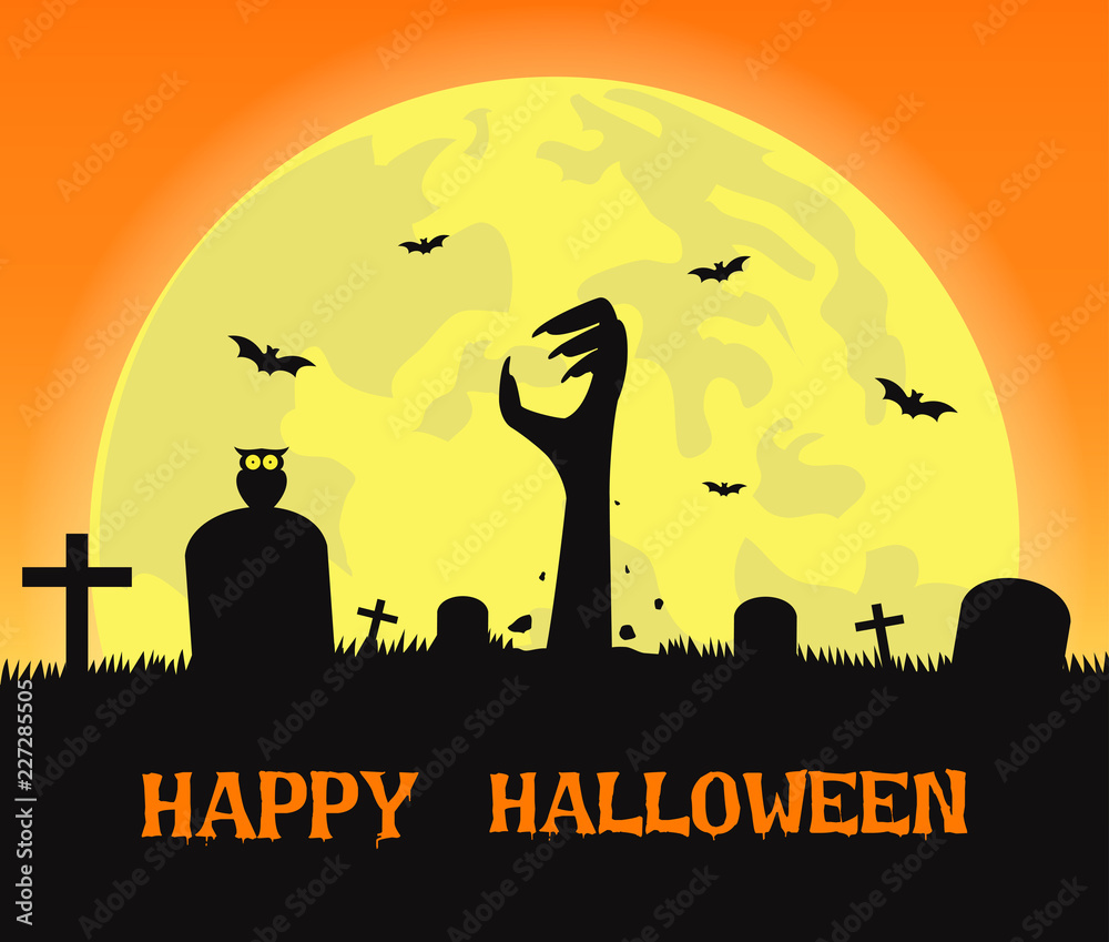 Halloween background with zombies hands in graveyard and the full moon - Vector illustration Halloween background with zombies hands in graveyard and the full moon - Vector illustration