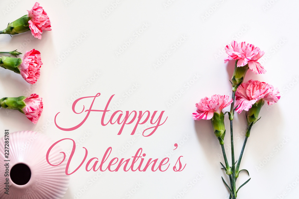 Valentine's card with pink carnations and vase on a white background Valentine's card with pink carnations and vase on a white background