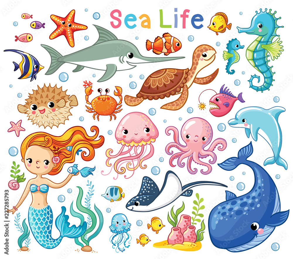 Obraz premium Wektor zestaw ze zwierzętami morskimi i syreną. Kolekcja mieszkańców morskich w stylu kreskówek dla dzieci.