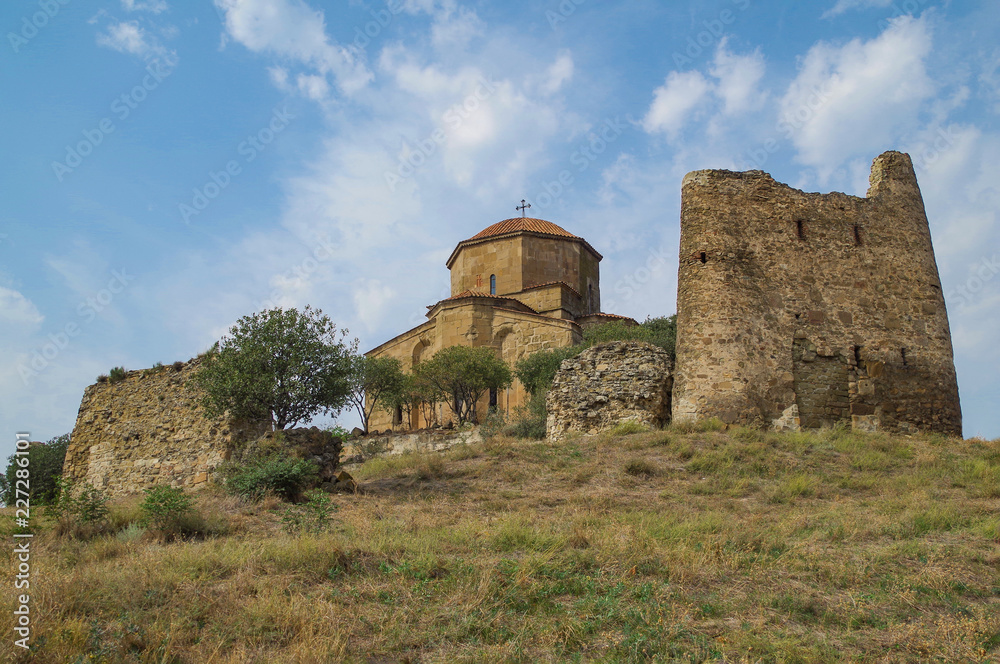 Jvari Monastery stands on the rocky mountaintop. UNESCO World Heritage Site. Georgia, Mtskheta-Mtianeti, near Mtskheta
