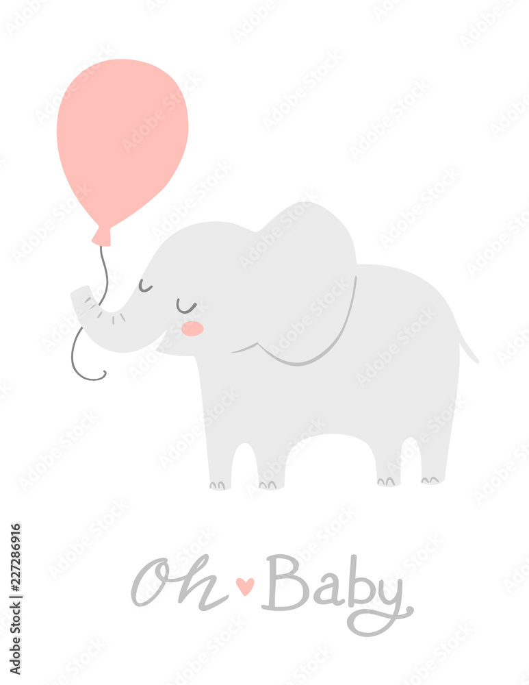 Elephant with a pink balloon. Oh Baby lettering. Cute baby shower invitation card design or nursery poster art. Baby girl. It's a girl. Elephant with a pink balloon. Oh Baby lettering. Cute baby shower invitation card design or nursery poster art. Baby girl. It's a girl.