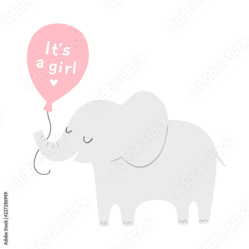 Cute elephant with a pink balloon for baby shower invitations or posters. It s a girl. Vector illustration.