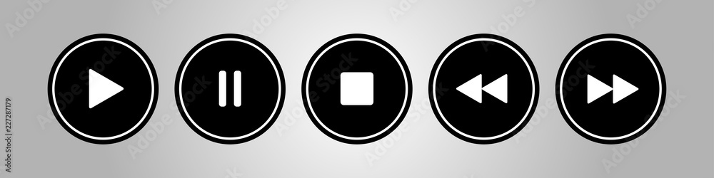 black, white round music control buttons set black, white round music control buttons set