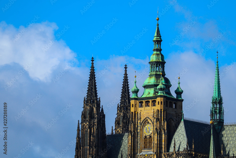Czech, Prague Castle, St. Vitus Cathedral gothic building architecture. Prague city landscape view, sunny day.