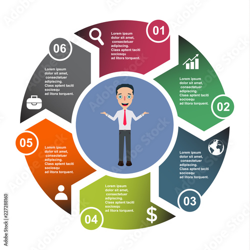 6 step vector element in six colors with labels, infographic diagram. Business concept of 6 steps or options with businessman