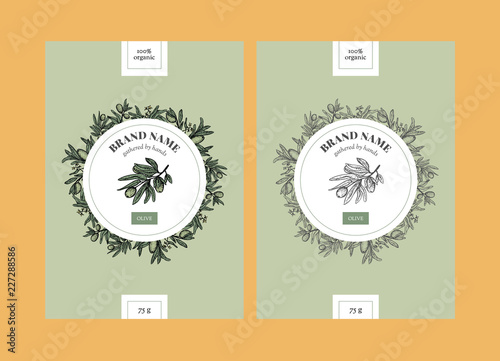 Vector set of package design with olive hand drawn elements. Editable packaging template collection with olive leaves and branches.