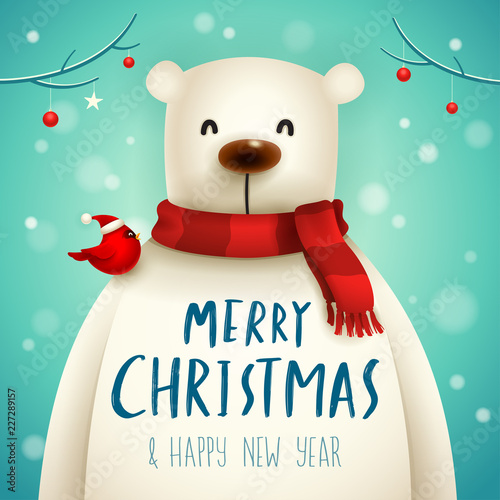 Christmas Polar Bear with Red Scarf. Christmas cute animal cartoon character.