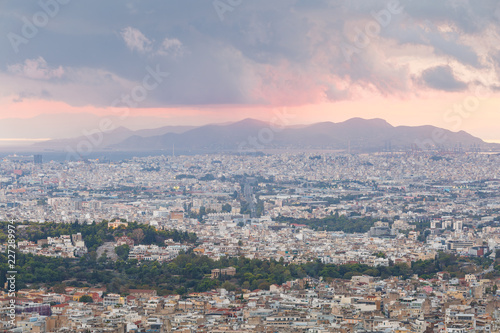 View of Athens and Salamina island from Lycabettus hill at sunset, Greece. 