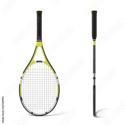 3d rendering of two black and yellow tennis racquets in front and side view.