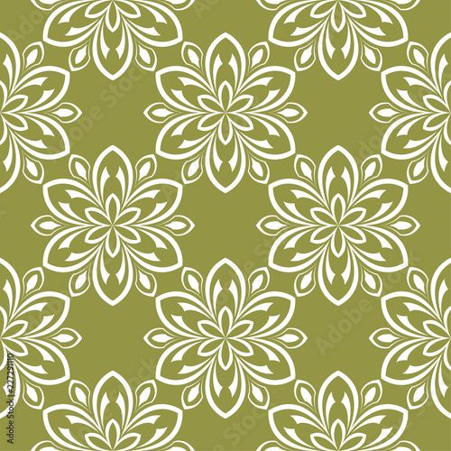 White floral seamless pattern on olive green background © Liudmyla