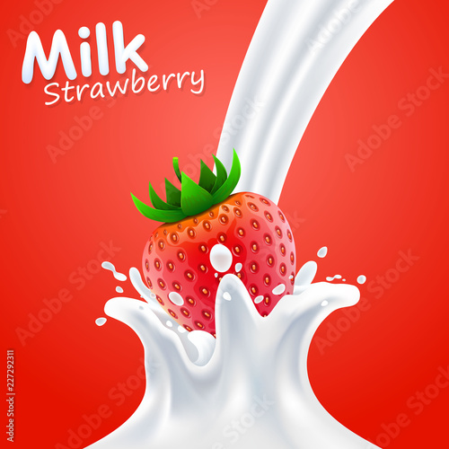 Label milk strawberry art banner. vector illustration