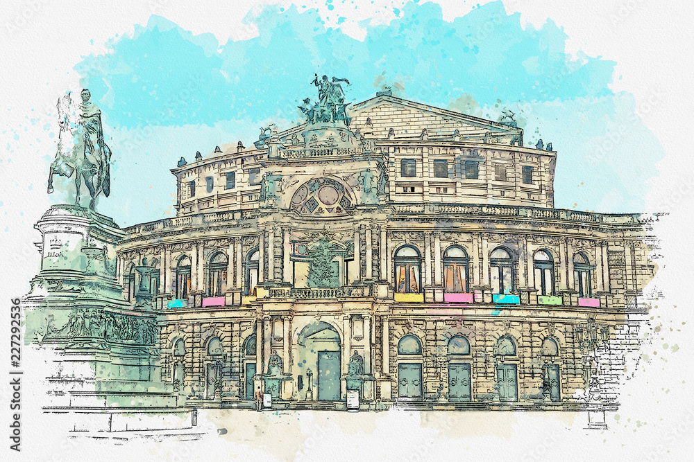 A watercolor sketch or illustration. Opera Semper in Dresden in Germany.