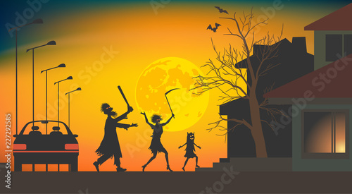 Family in Halloween costumes treats door-to-door for pranks.