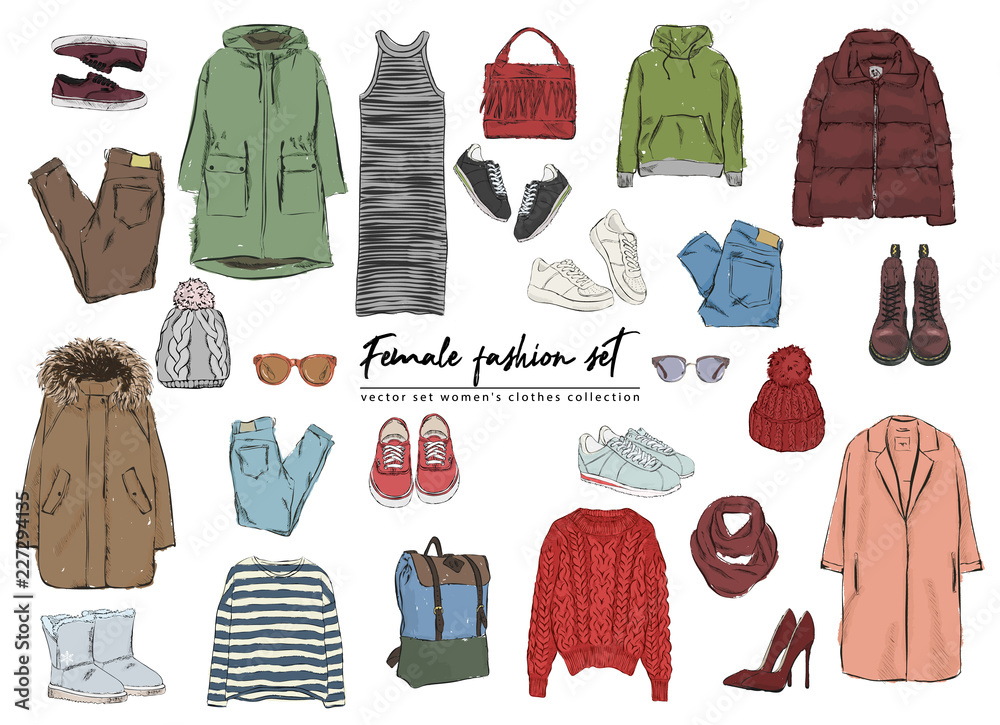 Female Fashion Set Hand Drawni Vector Set Women S Clothes Collection Spring Autumn Winter Outfit Dress Jeans Pants Hat Glasses Bags Jacket Trench Coat Boots And Sneakers Stock Vector Adobe Stock