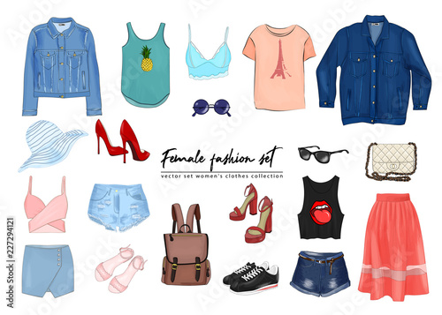 Female fashion set. Hand drawnи vector set women's clothes collection. Spring, summer outfit : dress, denim jacket, shorts, skirt, backpack, bag, T-shirt, top, hat, shoes, glasses.