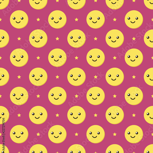Cute cartoon smiling ball characters  emoji and stars seamless pattern background.  
